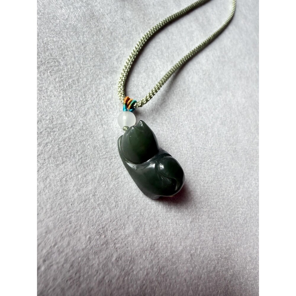 Natural Green Jade Cat Pendant Necklace Carved Dark Olive Jade Adjustable Cord